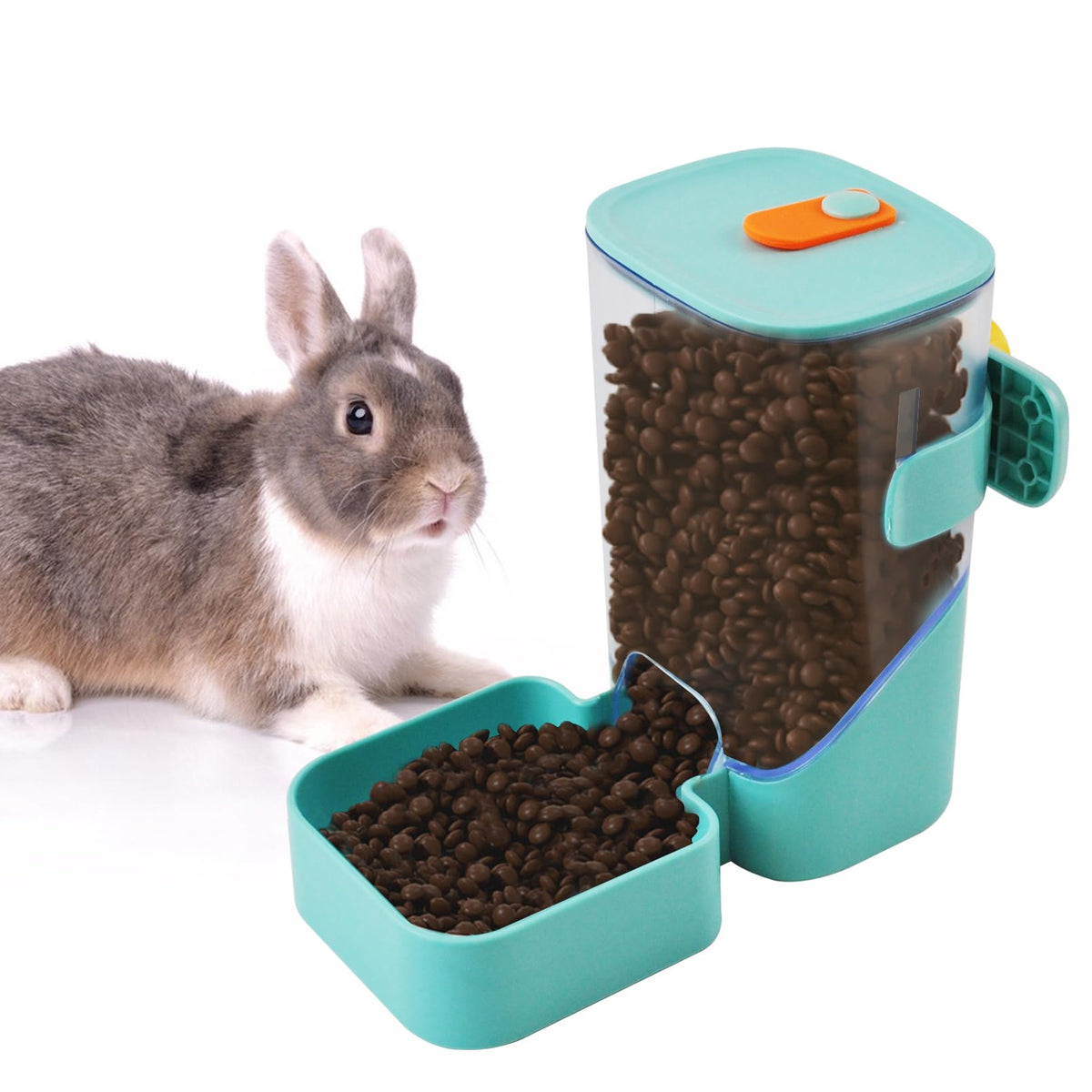 MUYG automatic rabbit feeder green side view emphasizing safe food-grade construction for pets