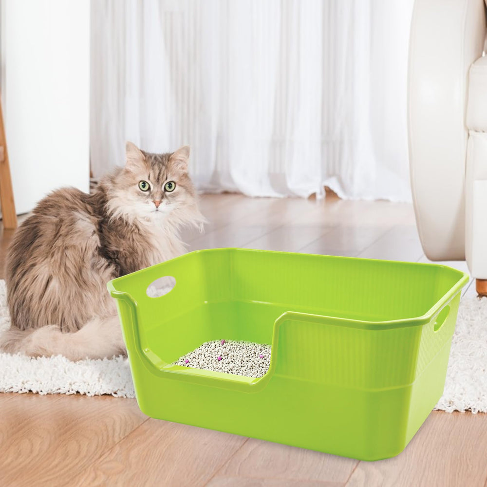 MUYG high-walls litter box side-entry prevents spills and mess.