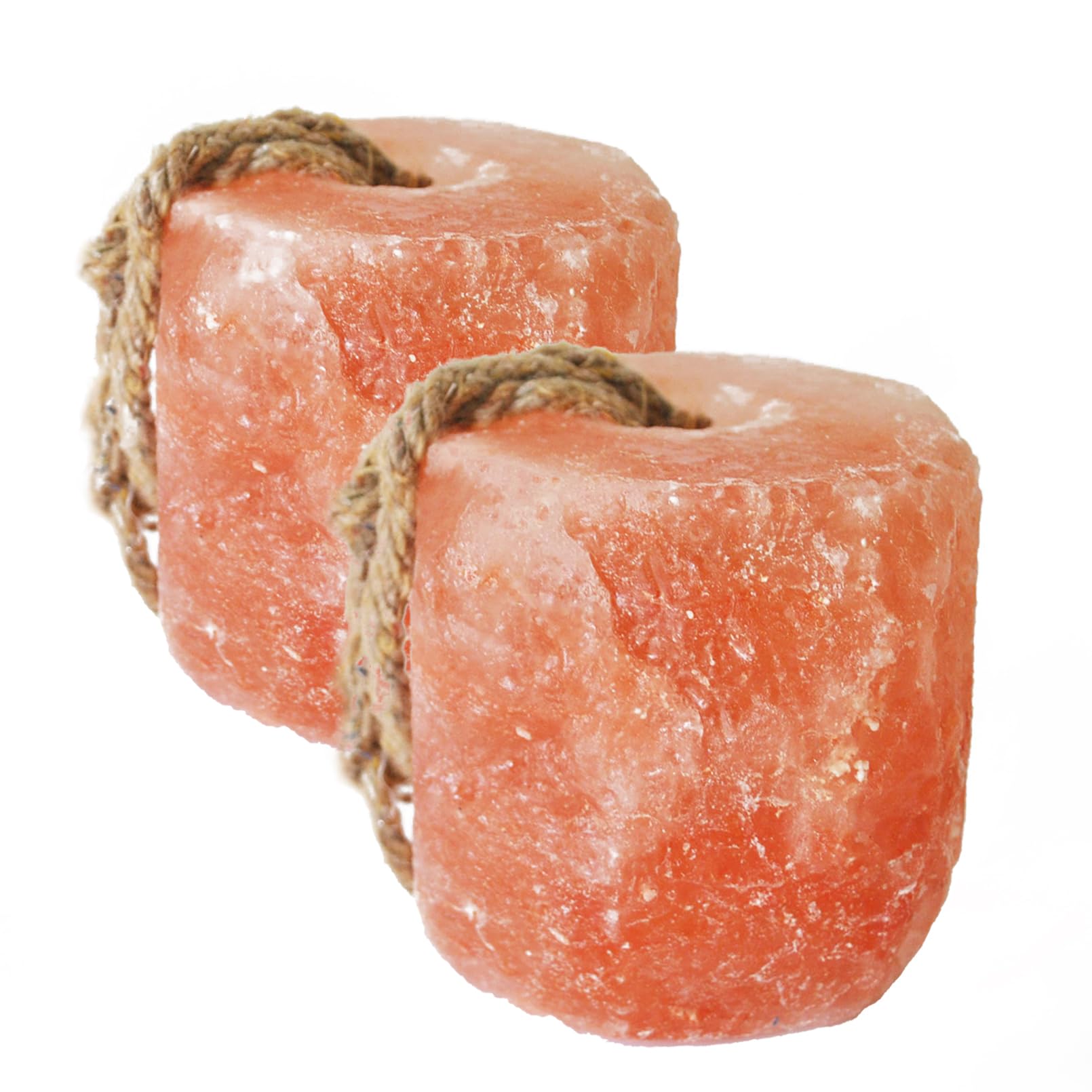 MUYG Himalayan pink salt lick on rope hanging in a stable supports mineral intake.