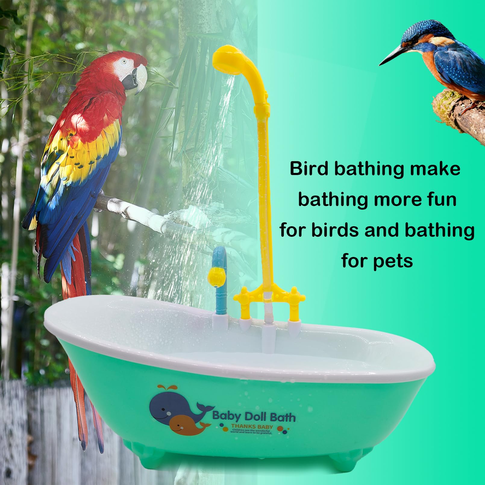 MUYG Parrot Automatic Bathtub sink with toy storage during bath.