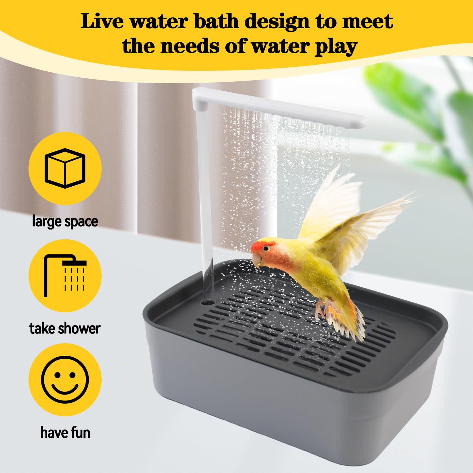 MUYG parrot shower fountain setup image shows USB powered installation