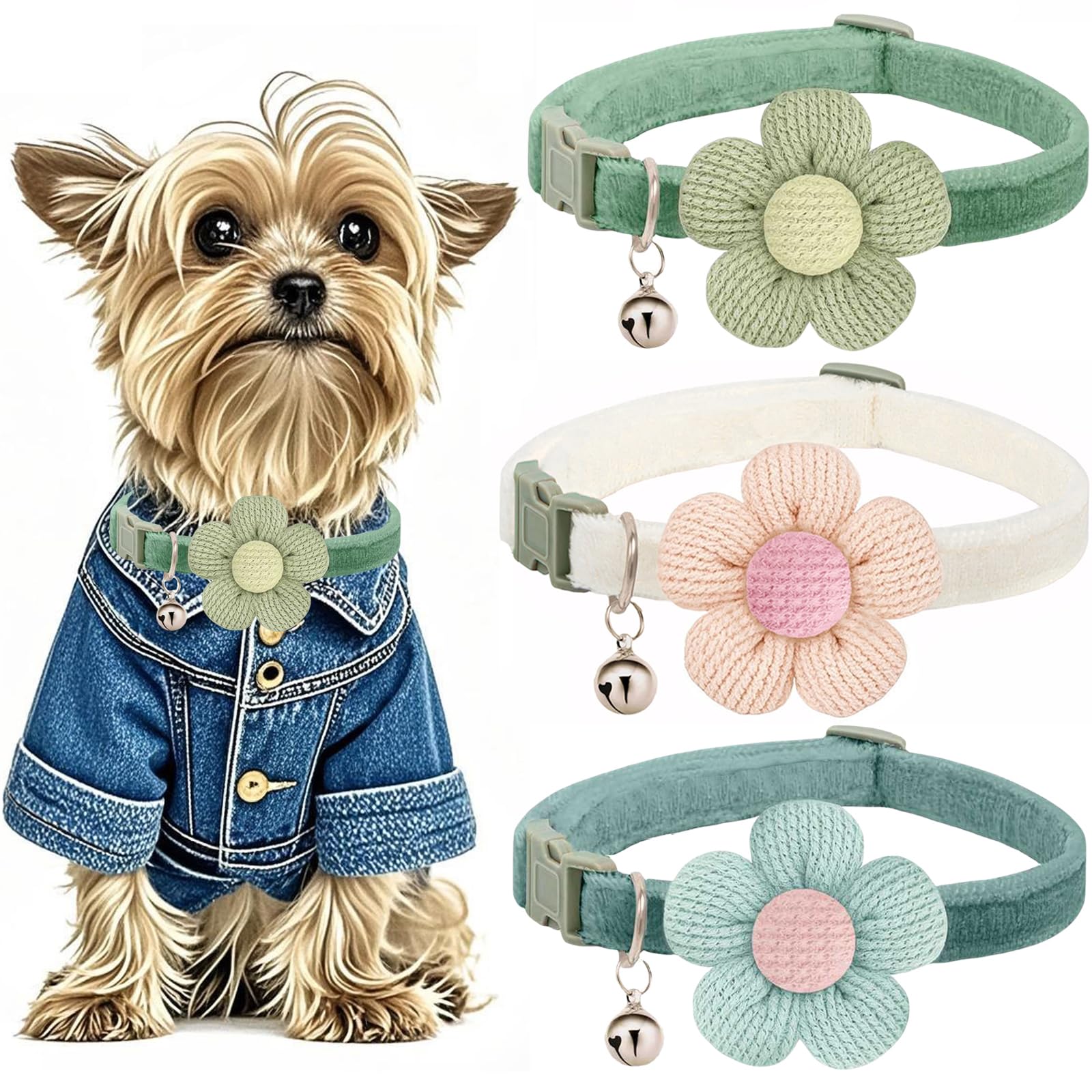 MUZIEBA small dog collar with flower and bell for cute daily wear.