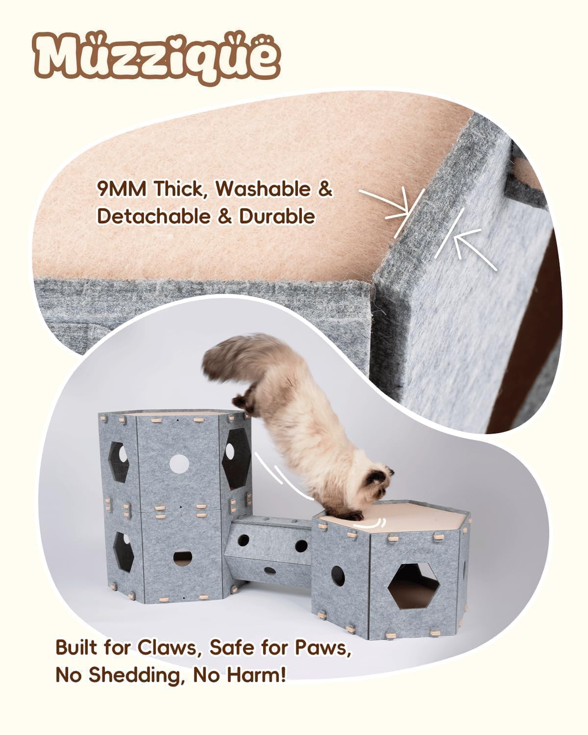 Muzzique cat house durable-scratching-pad protects furniture with built-in scratch surface.