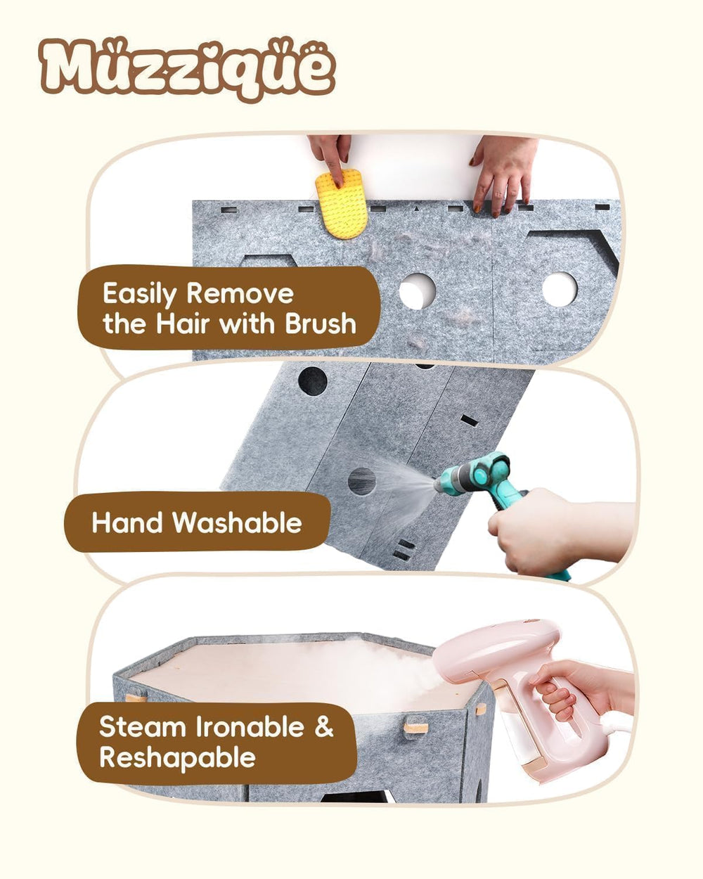 Muzzique cat house easy-clean-brush aids quick maintenance after playful sessions.