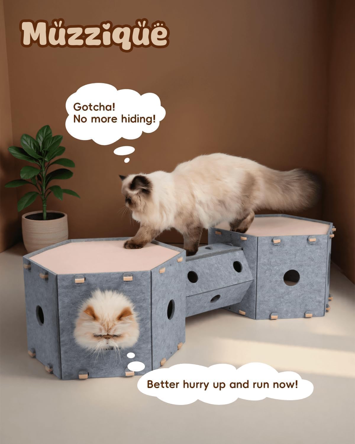 Muzzique cat house stackable-nest showcases modular versatility for multi-level play.