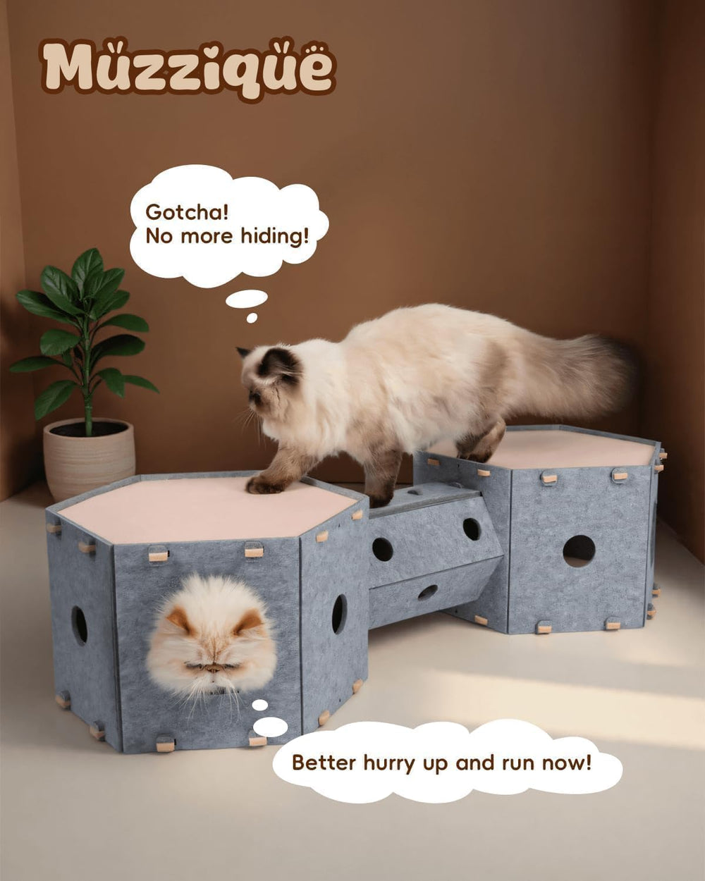 Muzzique cat house stackable-nest showcases modular versatility for multi-level play.