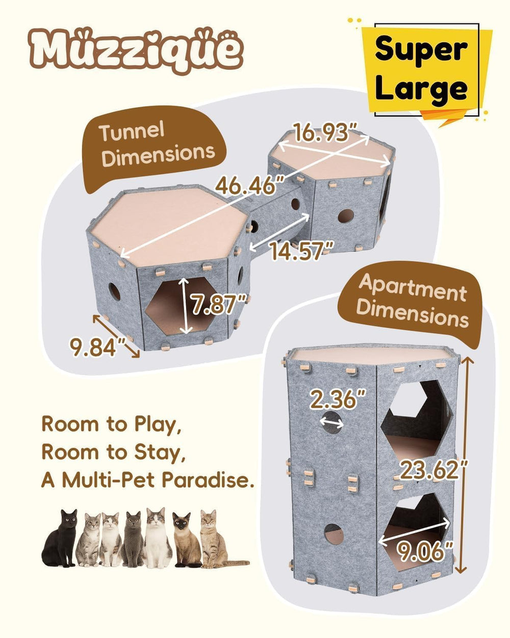 Muzzique cat house tool-free-assembly simplifies setup with interlocking felt panels.