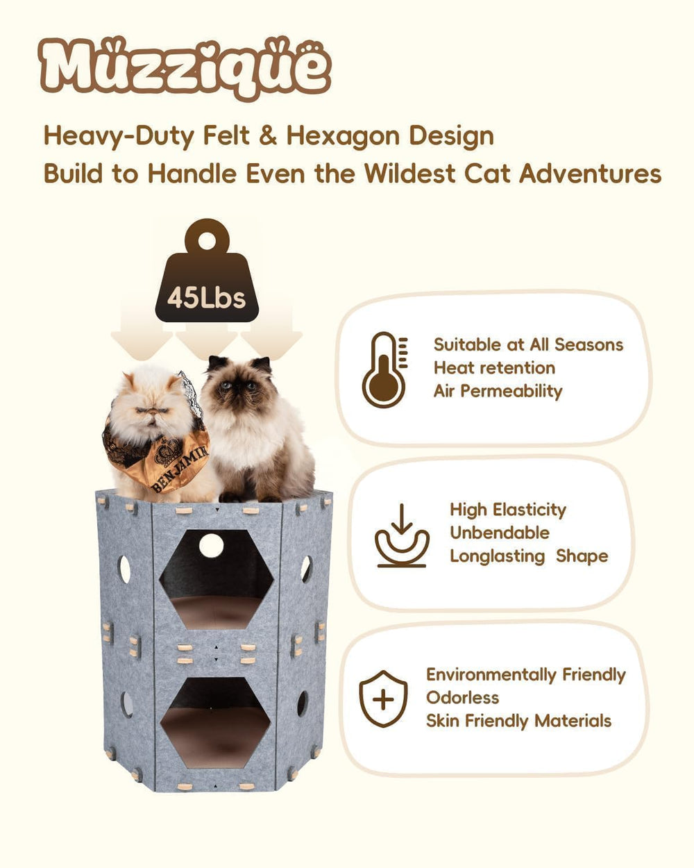 Muzzique cat house xl-multi-story-bed adds extra space for larger pets to snuggle.