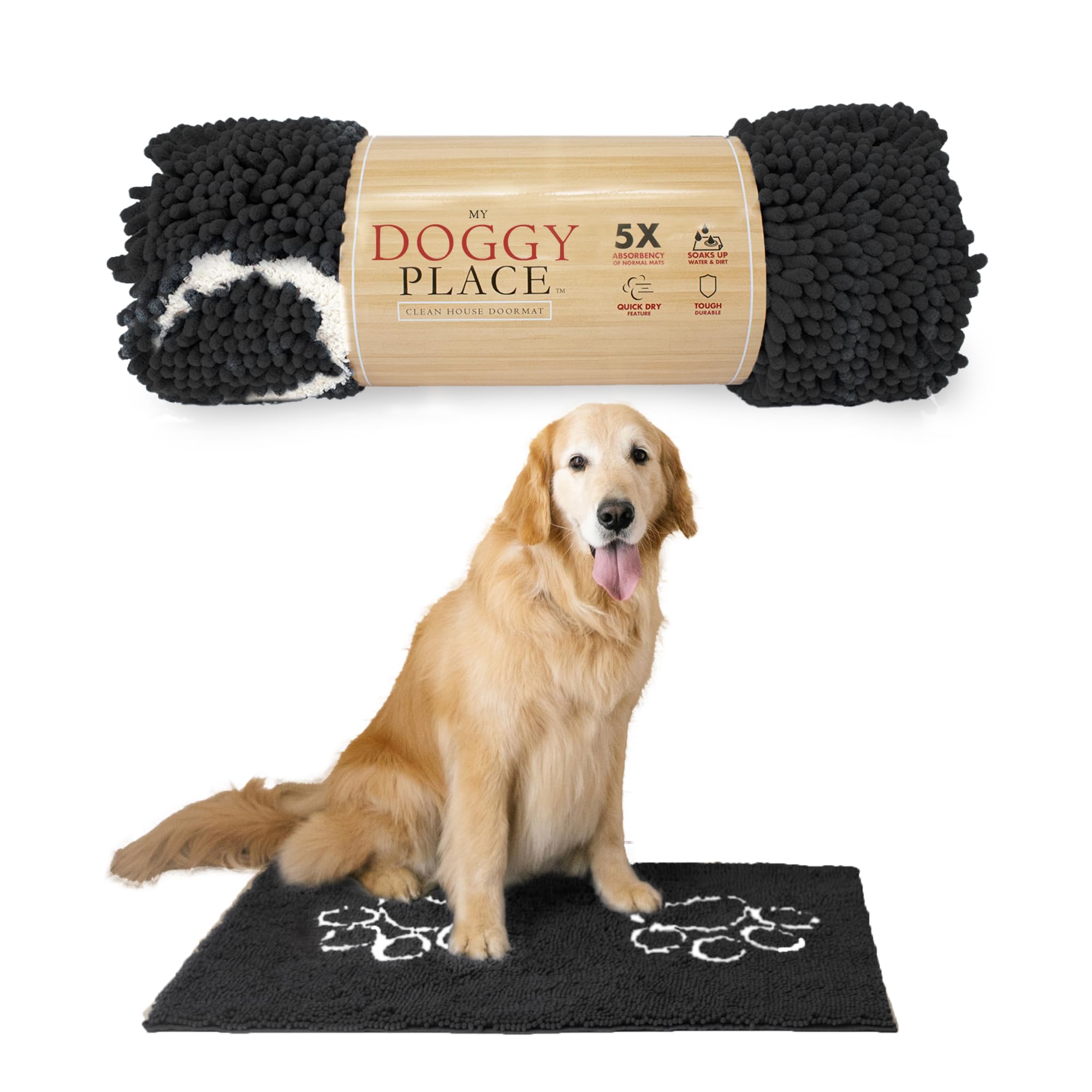 My Doggy Place microfiber dog mat 36x26 charcoal paw print absorbs mud and water.