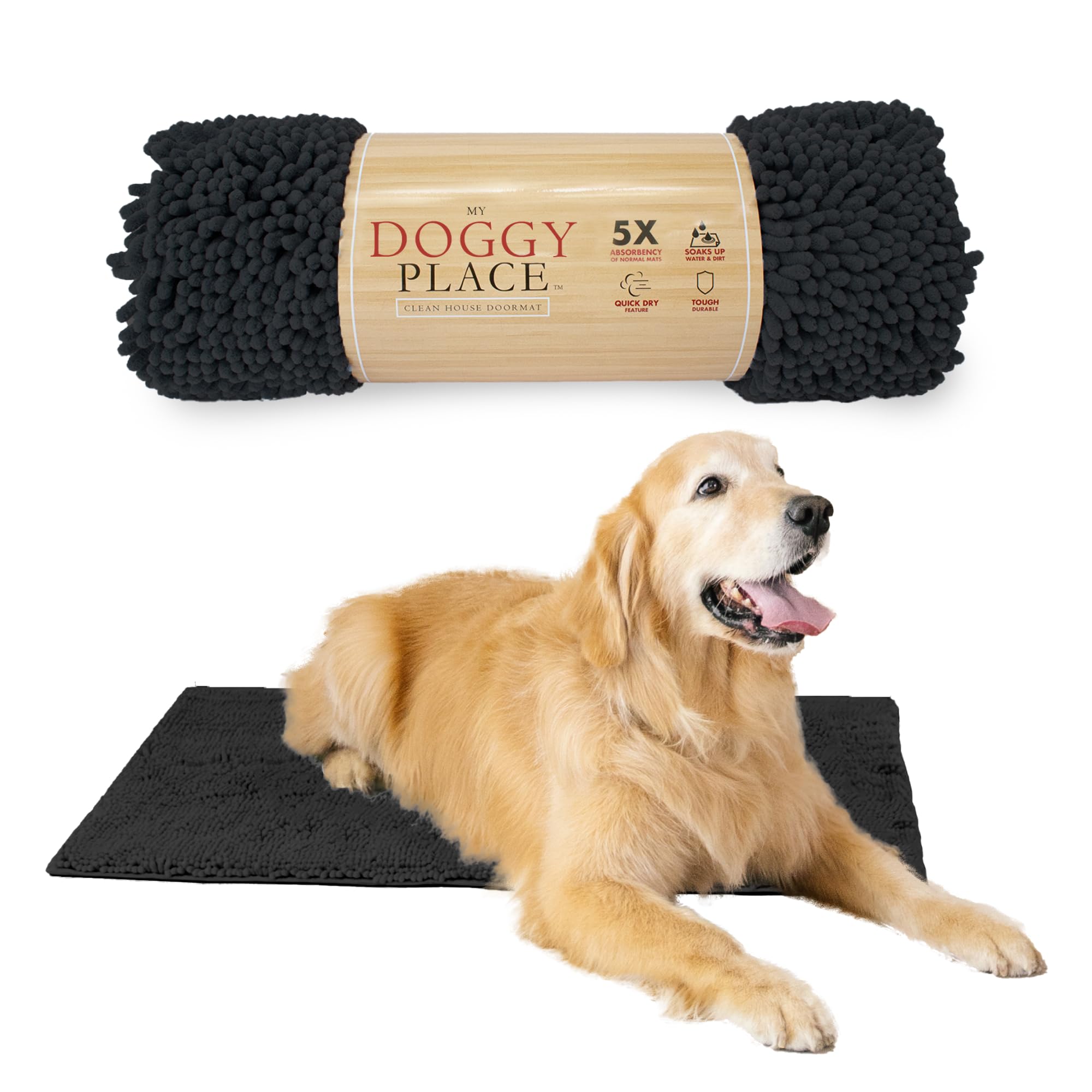 My Doggy Place microfiber dog mat absorbency closeup highlighting extraordinary moisture pickup for muddy paws.
