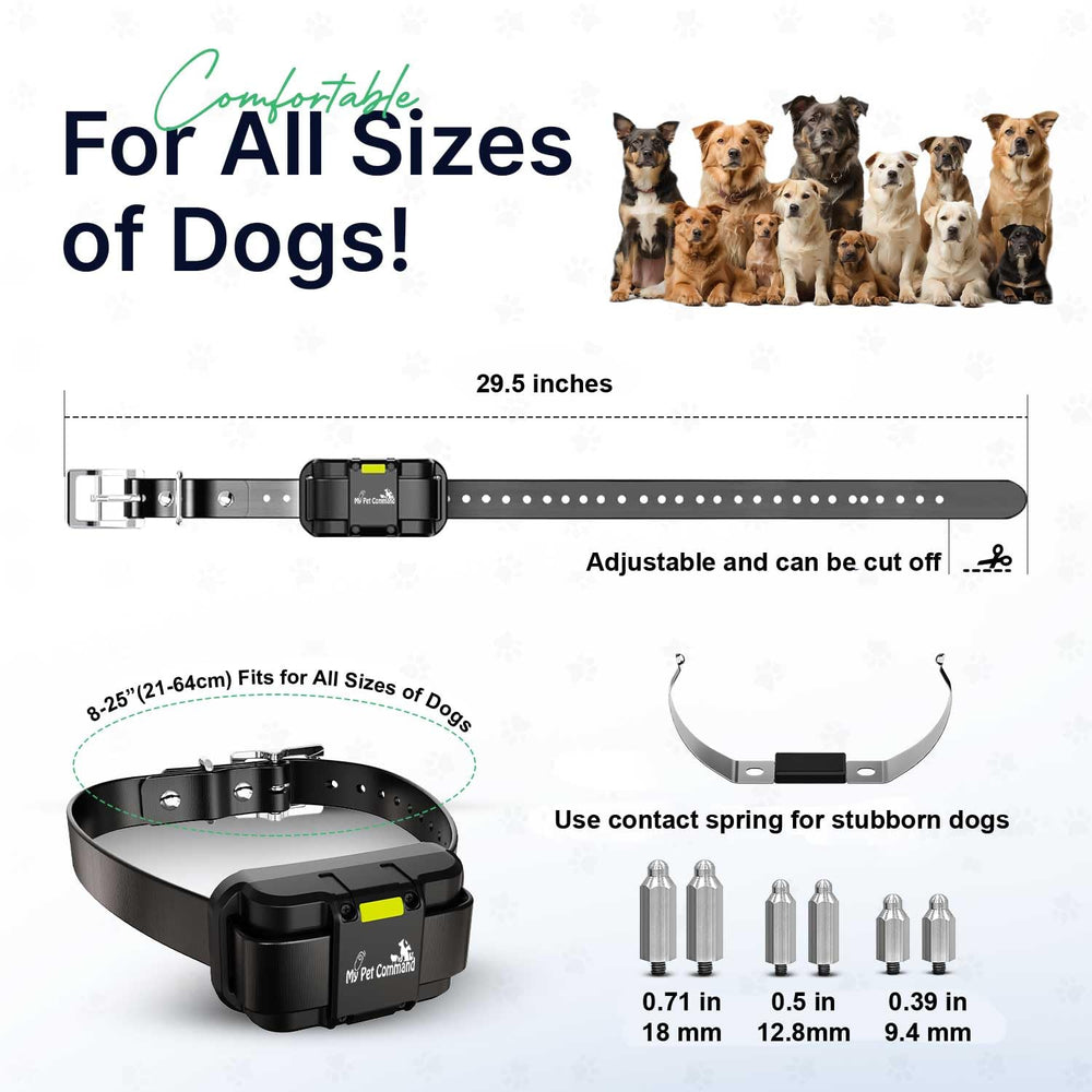 My Pet Command dual-collar-remote-strap image explains multi-dog training with a single remote.