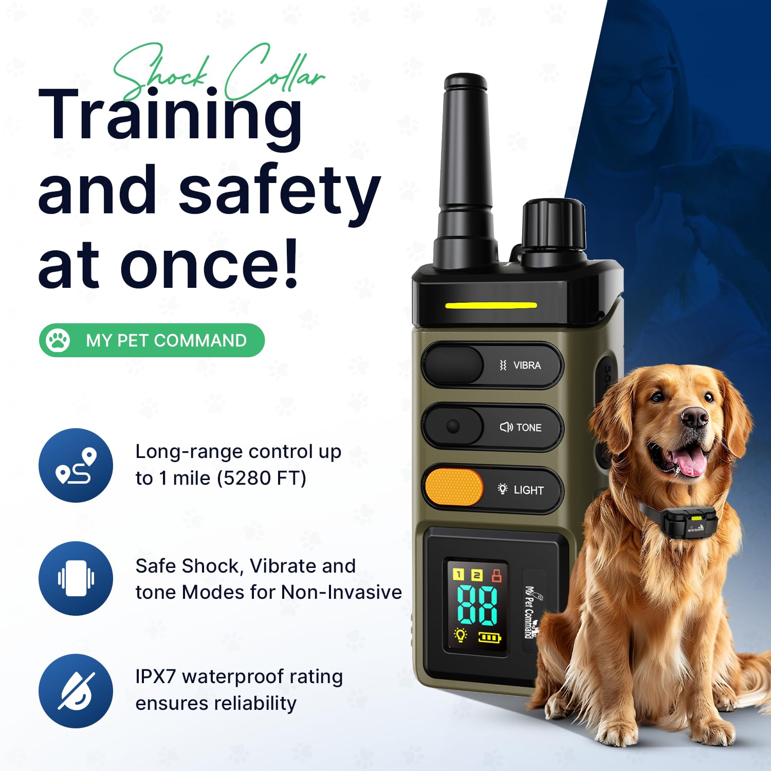 My Pet Command two-collars training kit supports multi-dog training with a single remote.