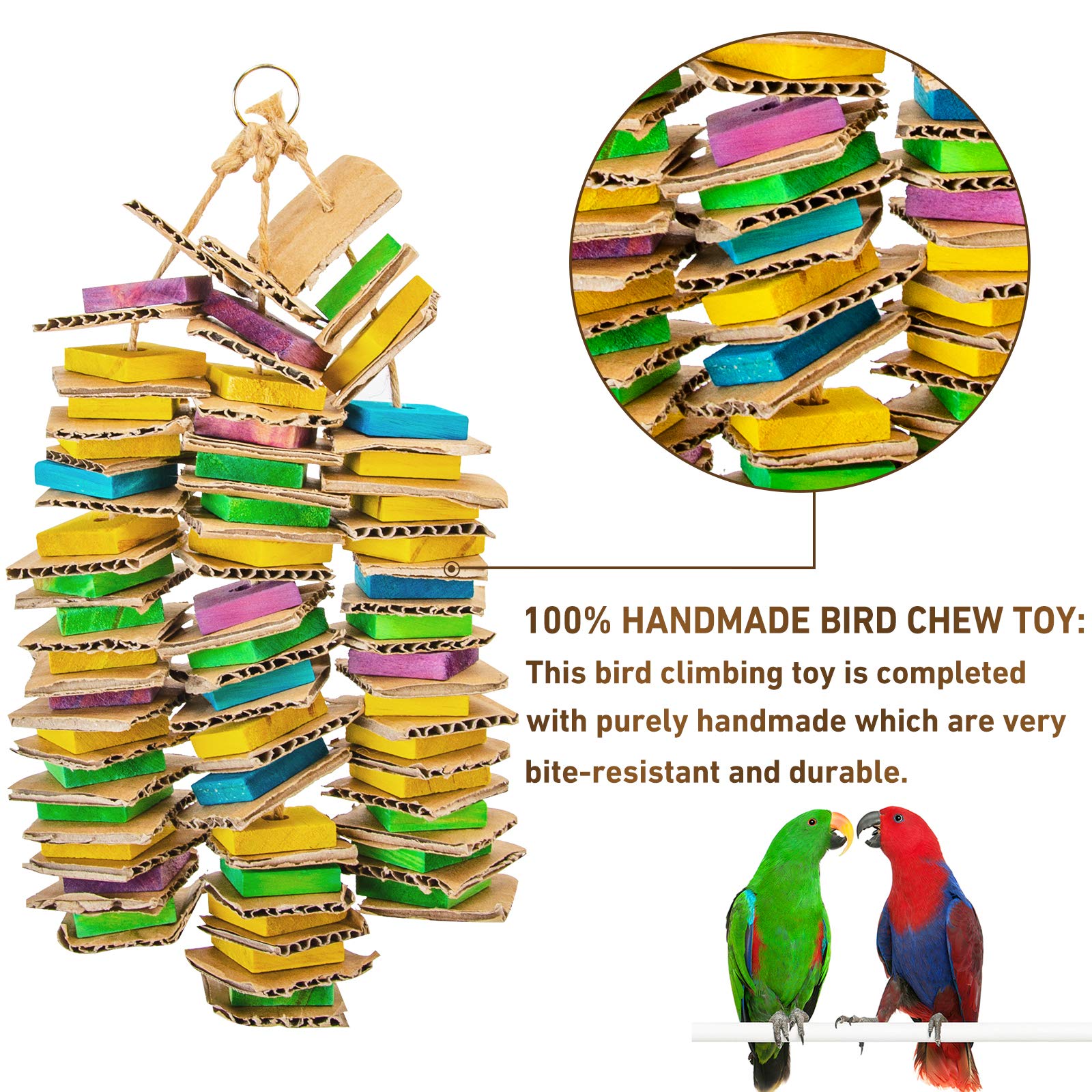 MYFAMIREA parrot toy features natural wood and dyed cardboard for durable, colorful use.