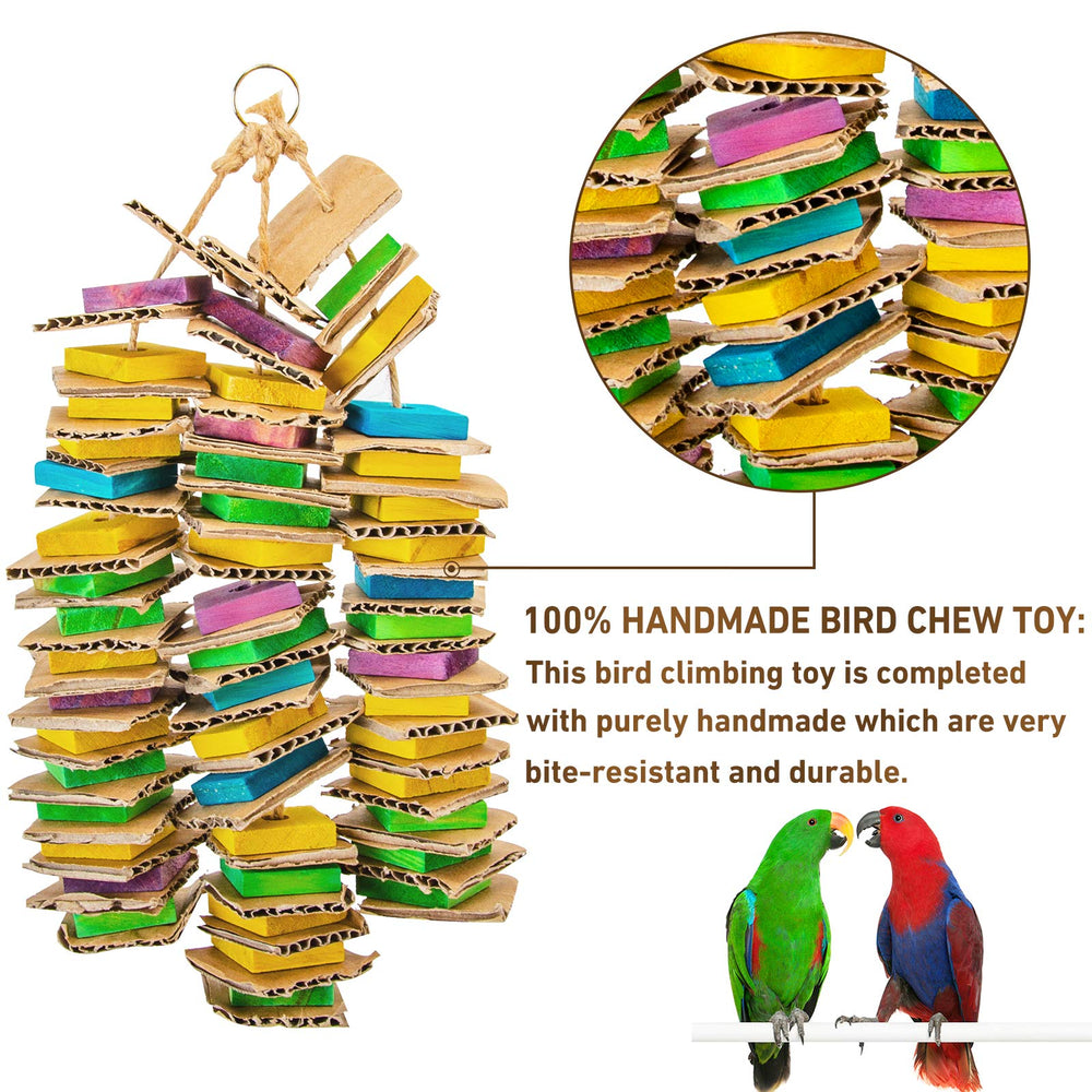 MYFAMIREA parrot toy features natural wood and dyed cardboard for durable, colorful use.