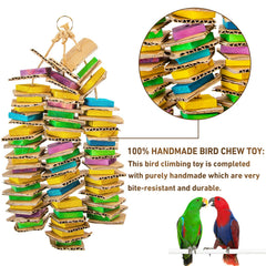 MYFAMIREA parrot toy features natural wood and dyed cardboard for durable, colorful use.