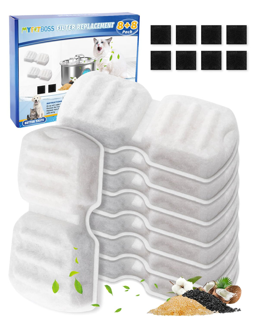 MyfatBOSS 8plus8 pack filters keep cat fountain water fresh and clean.