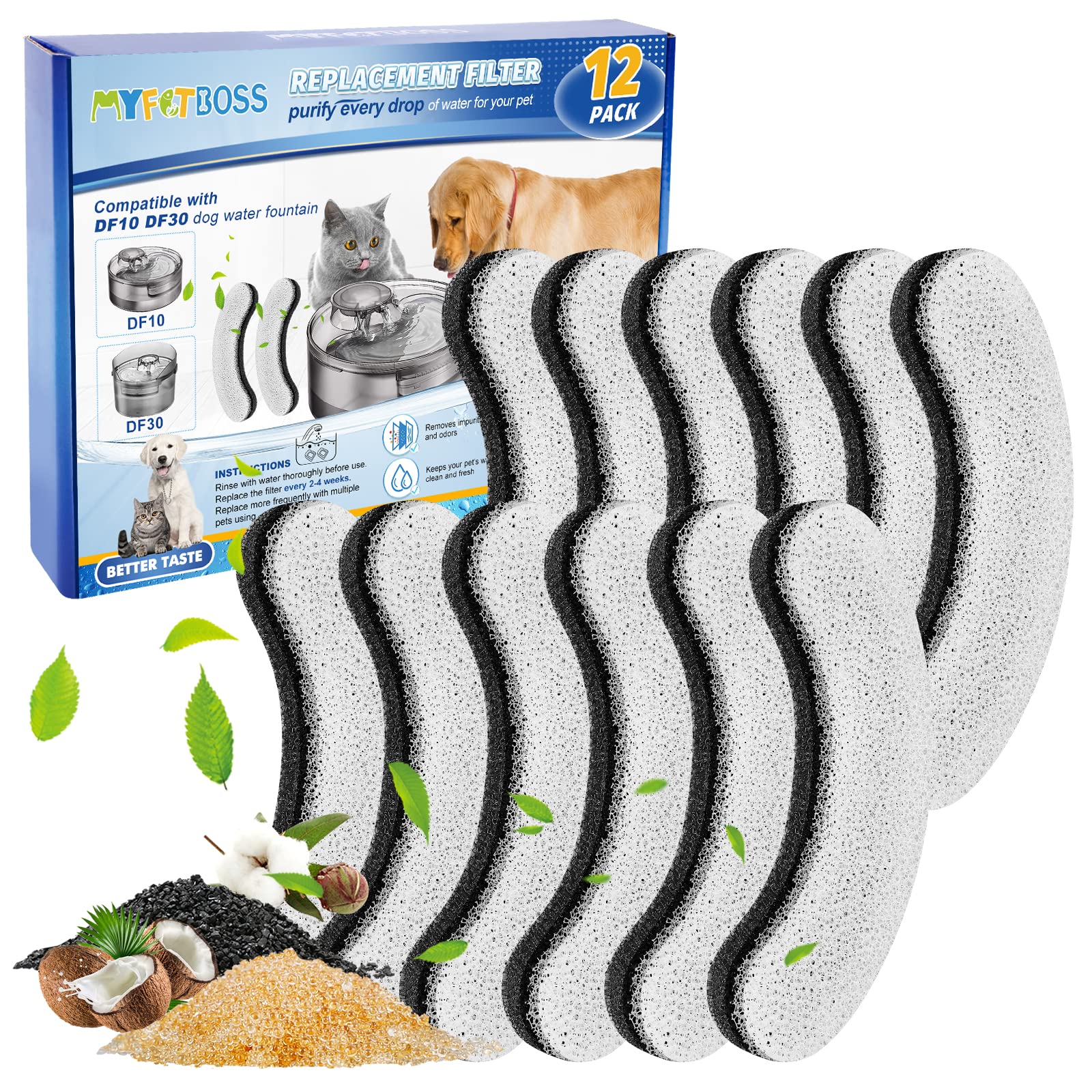 MyfatBOSS dog water filter replacement 12-pack shows DF10/DF30 compatibility for easy refills.