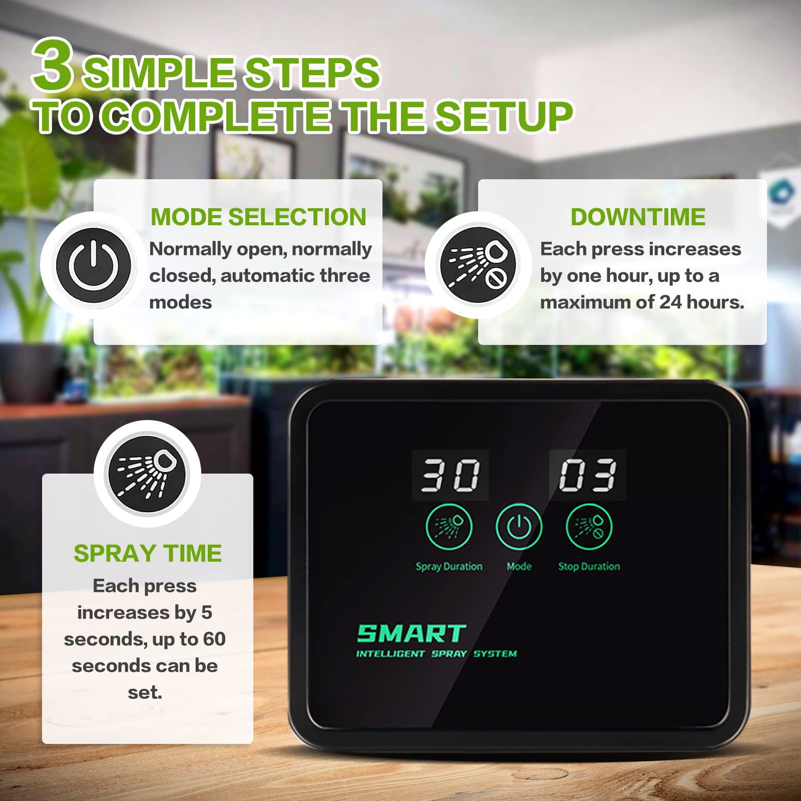 MYGIIKAKA reptile fogger shows easy 3-button setup for quick programming.