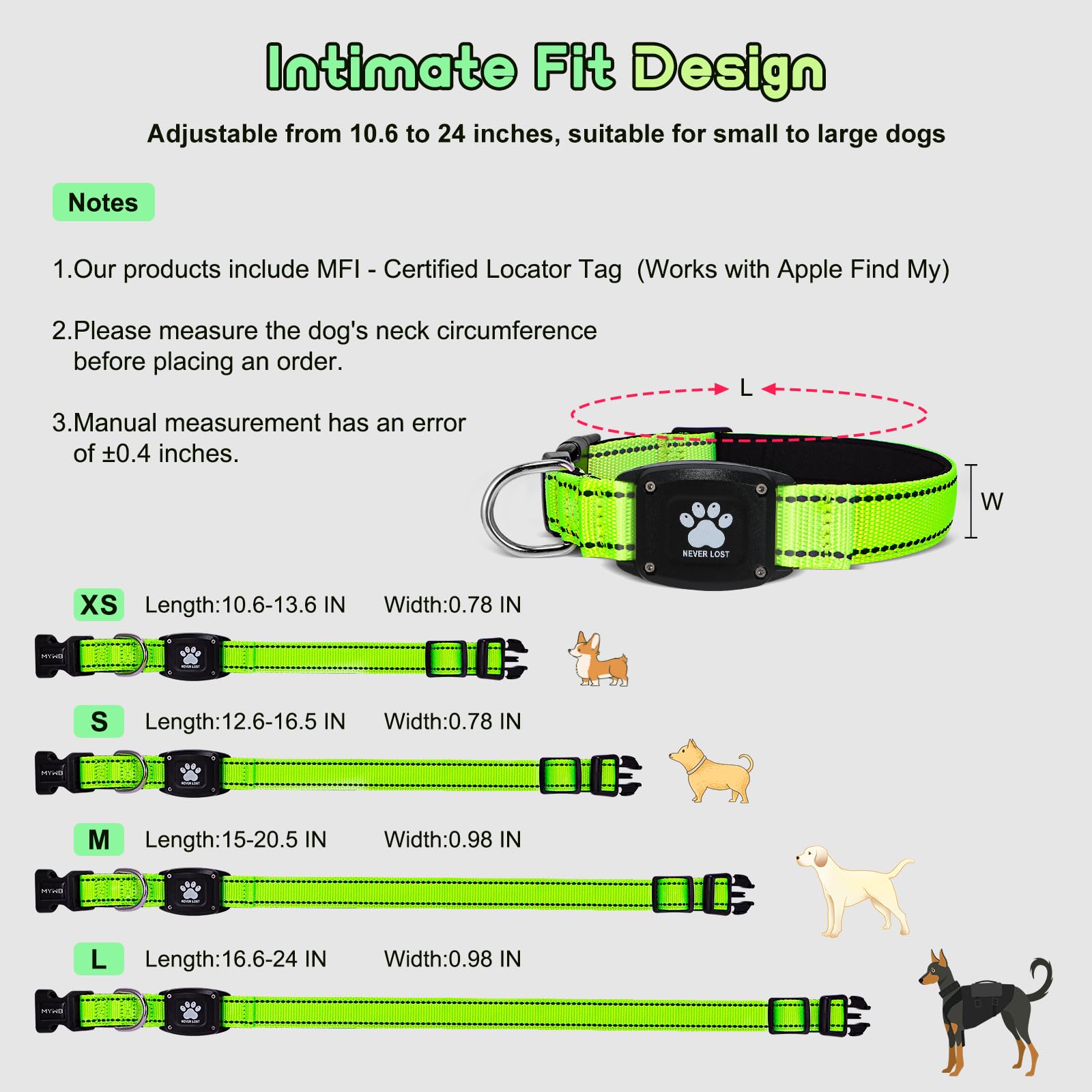 Myiwb GPS dog collar tracker adjustable XS to L for versatile sizing.