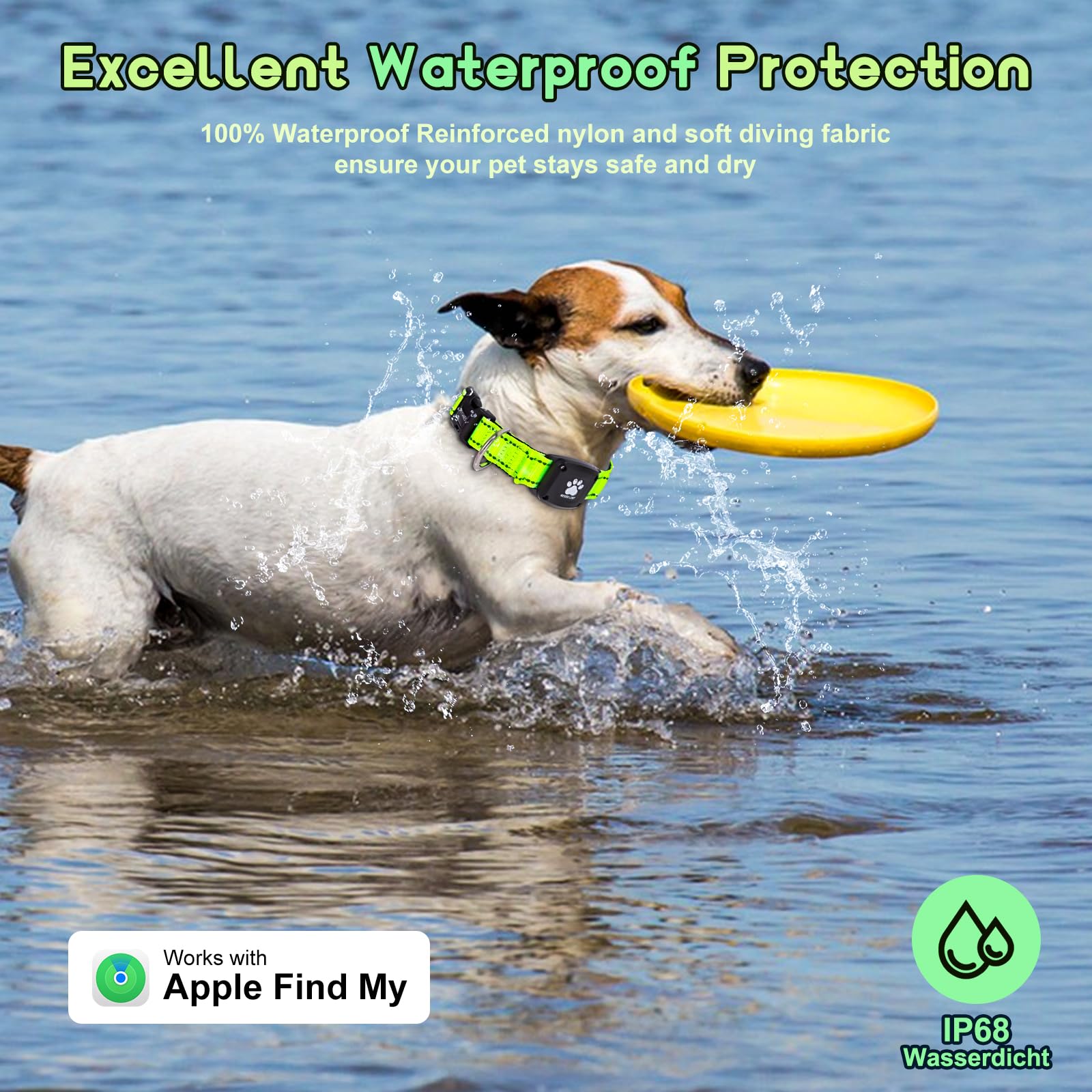 Myiwb GPS dog collar tracker MFi-certified with Apple Find My compatibility for real-time locating.