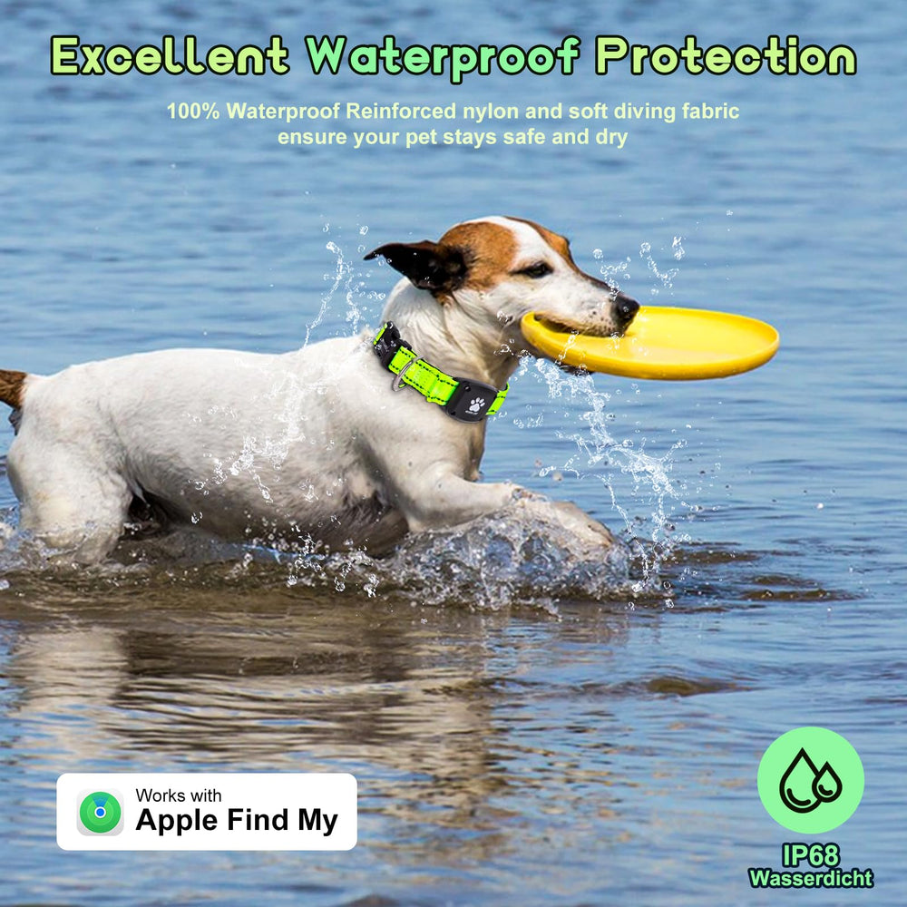 Myiwb GPS dog collar tracker MFi-certified with Apple Find My compatibility for real-time locating.