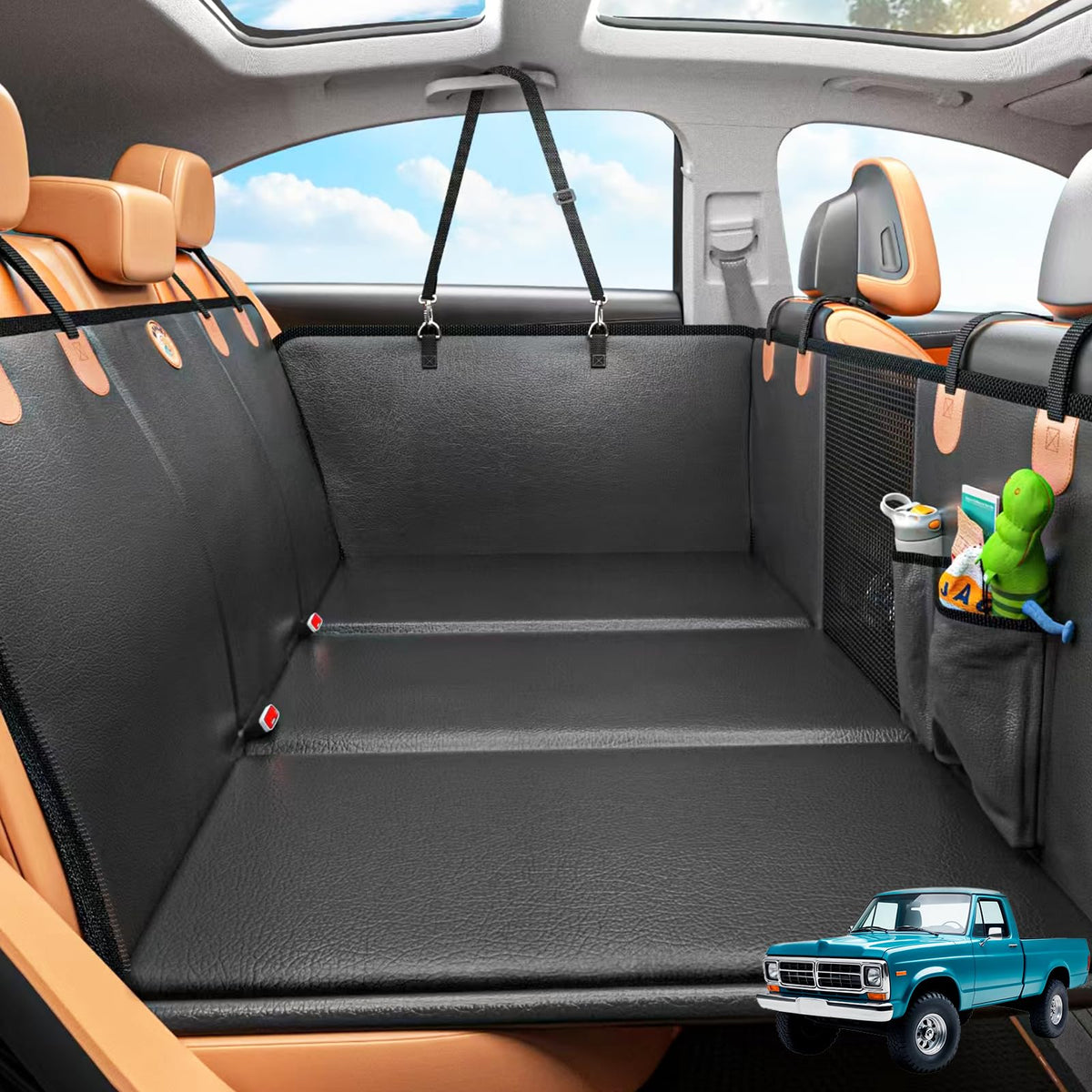 MYJAQI back seat extender for trucks showing extra space for dogs on road trips