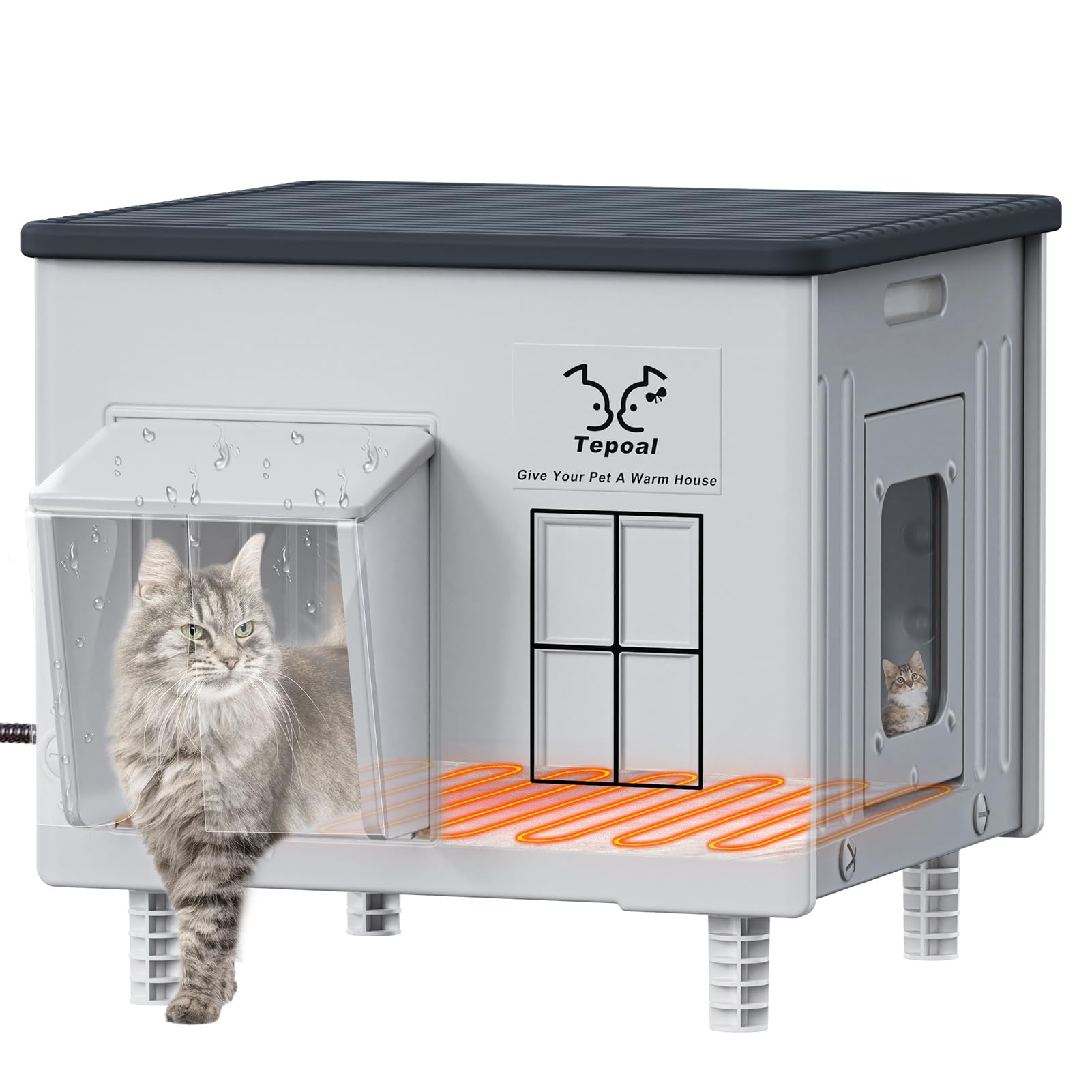 Myodal indestructible heated cat house outside assembly shows quick setup for outdoor warmth.