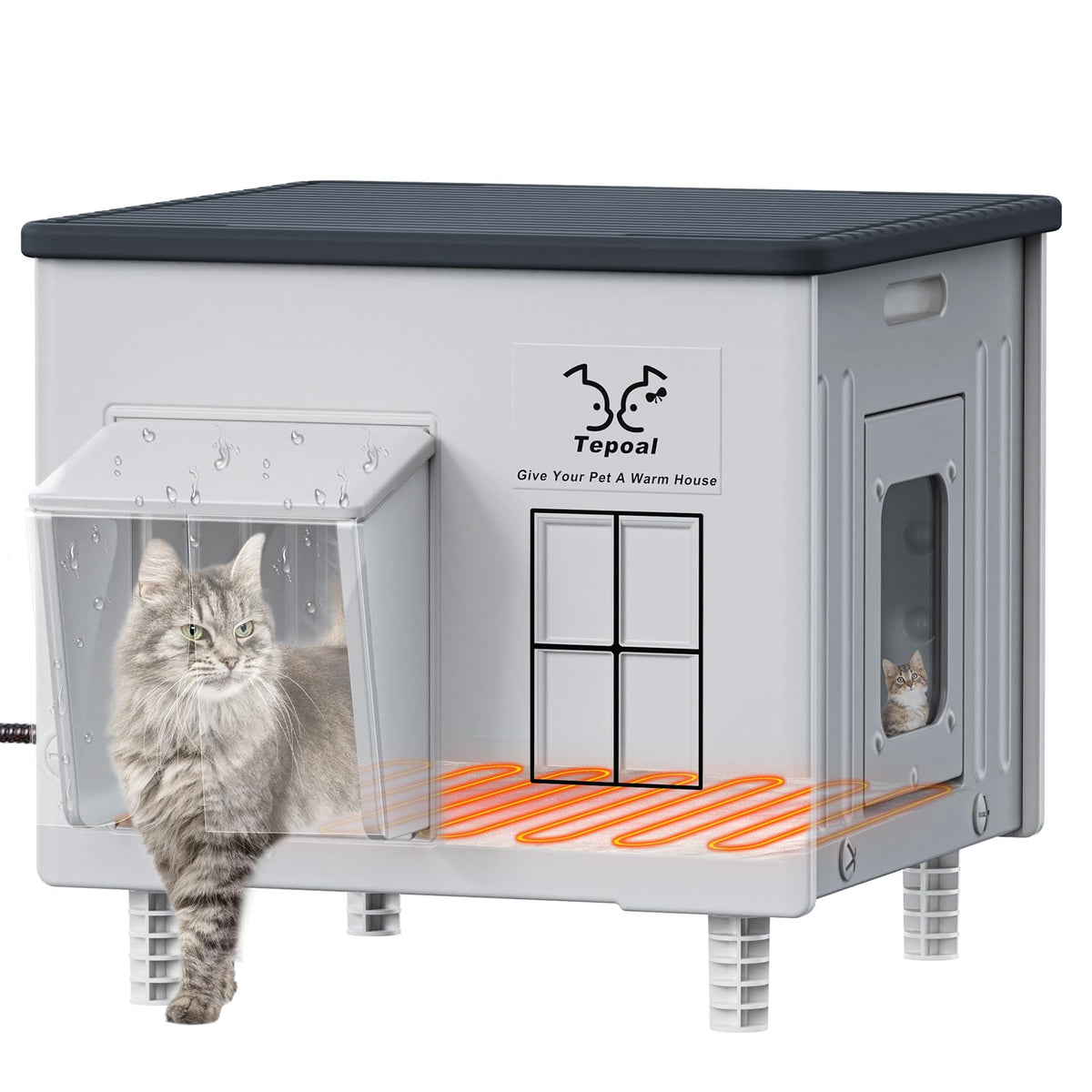 Myodal indestructible heated cat house outside assembly shows quick setup for outdoor warmth.
