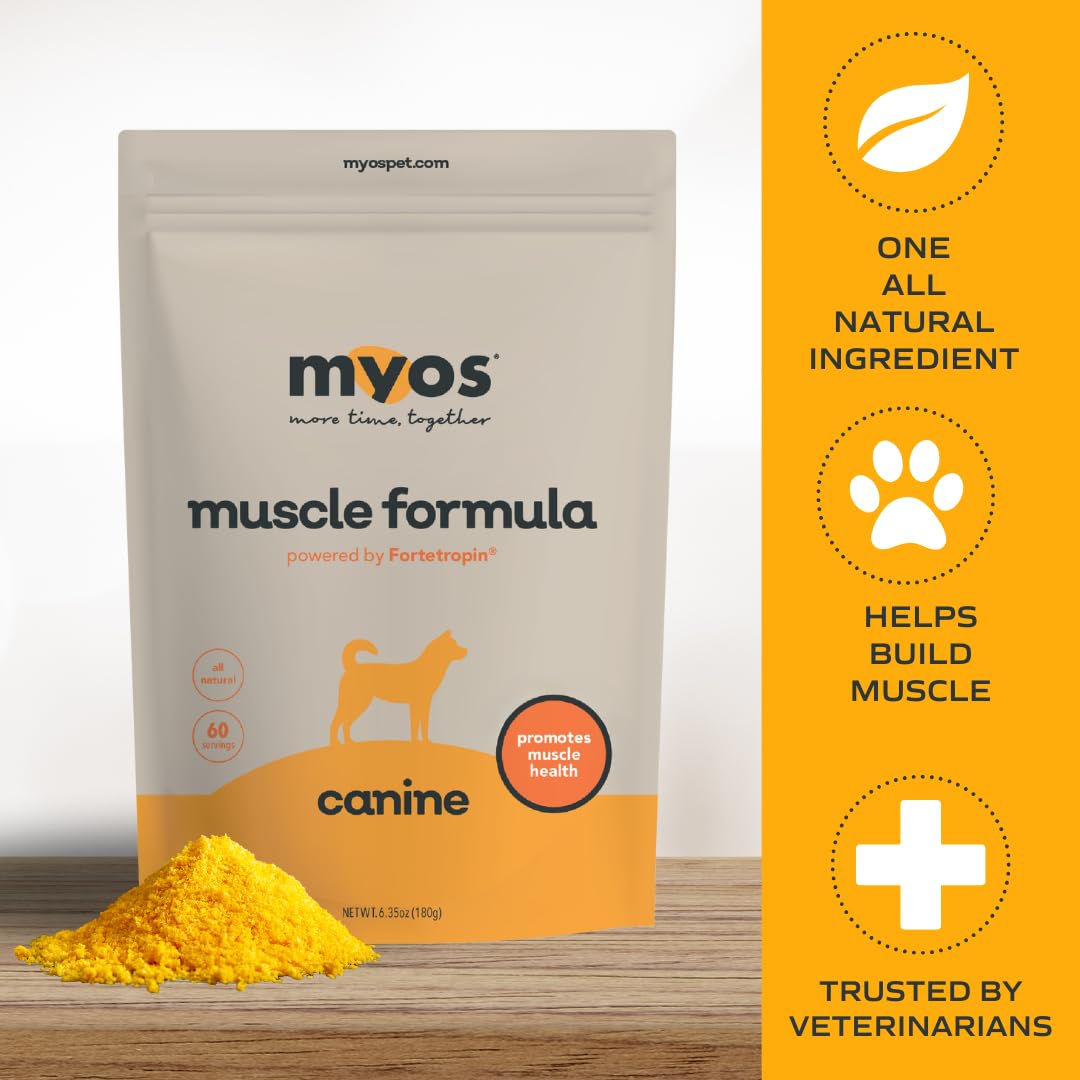 MYOS Canine Muscle Formula bottle back label with ingredients and clear usage guidance.