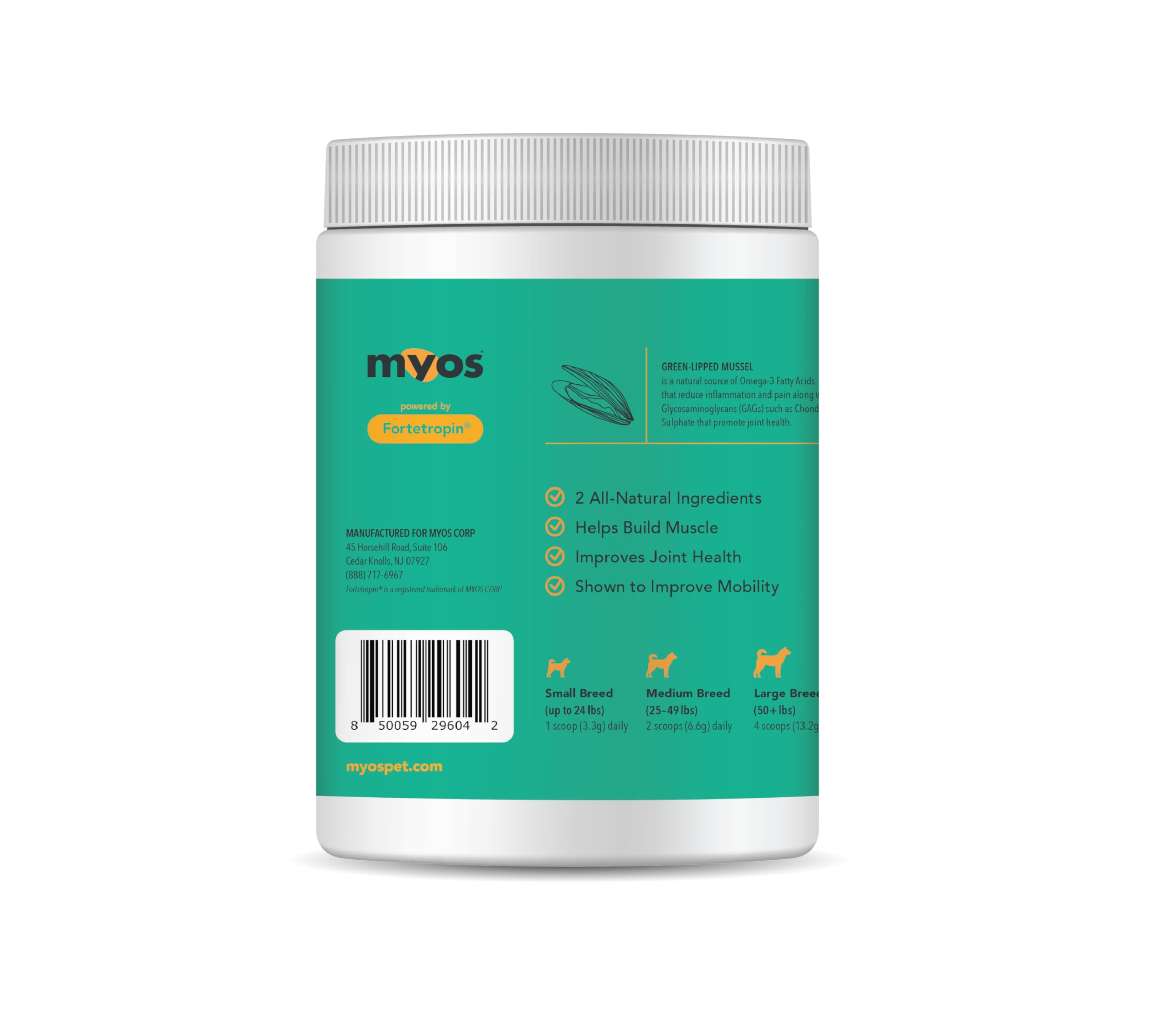 MYOS Canine Muscle Formula green-lipped mussel ingredient label emphasizing natural joint support.