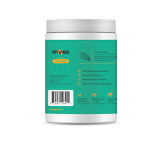 MYOS Canine Muscle Formula green-lipped mussel ingredient label emphasizing natural joint support.