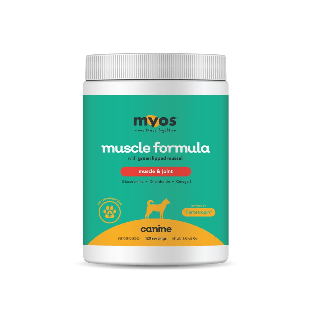 MYOS Canine Muscle Formula tub packaging showing joint support and muscle recovery.