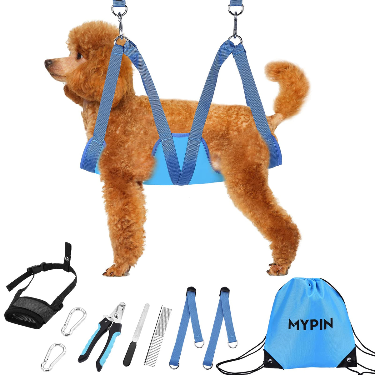 MYPIN dog grooming hammock setup demonstrates secure mounting for calm grooming sessions.