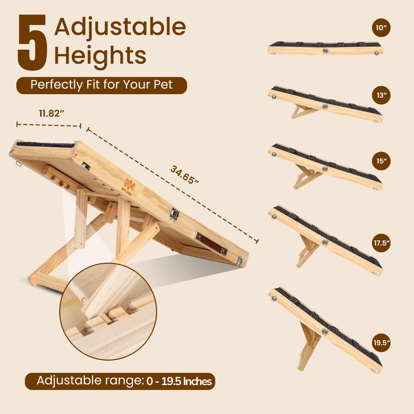 MYUNIK adjustable-height dog ramp showing five height options for beds, couches, and cars.
