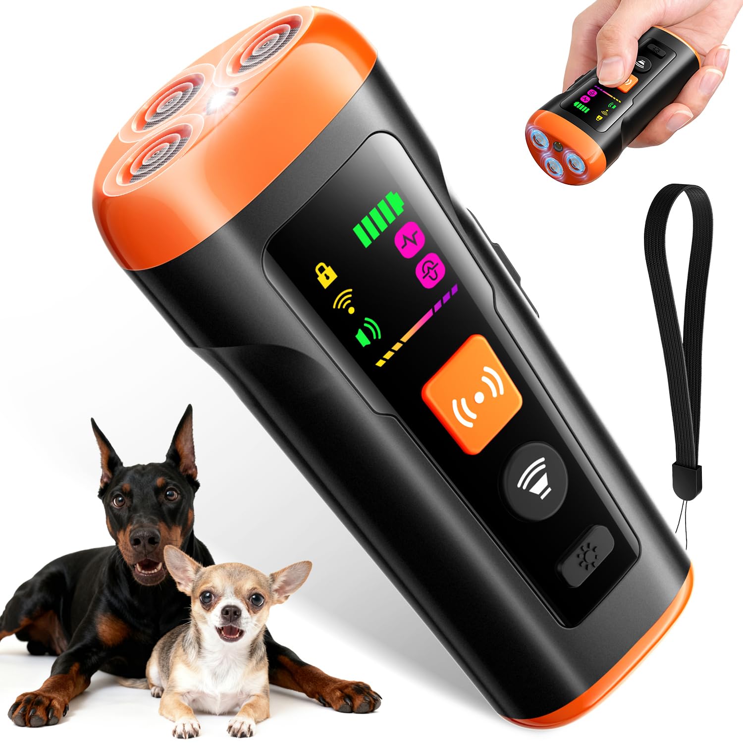 Mzorts dog bark deterrent front view highlights a compact all-in-one training tool for versatile use