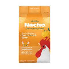 Made by Nacho dry cat kibble bag highlights premium protein for healthy muscles.