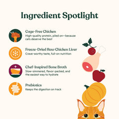 Nacho dry cat kibble ingredients list includes fruits, vegetables, prebiotics and probiotics for digestion.