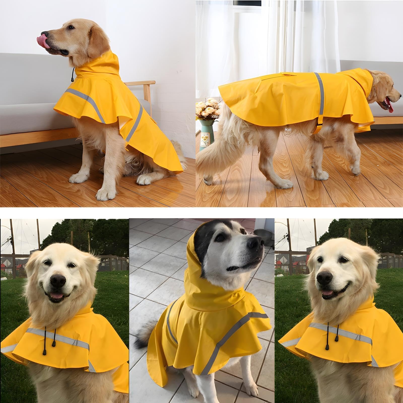 NACOCO large dog raincoat adjustable belly strap helps secure fit in yellow.