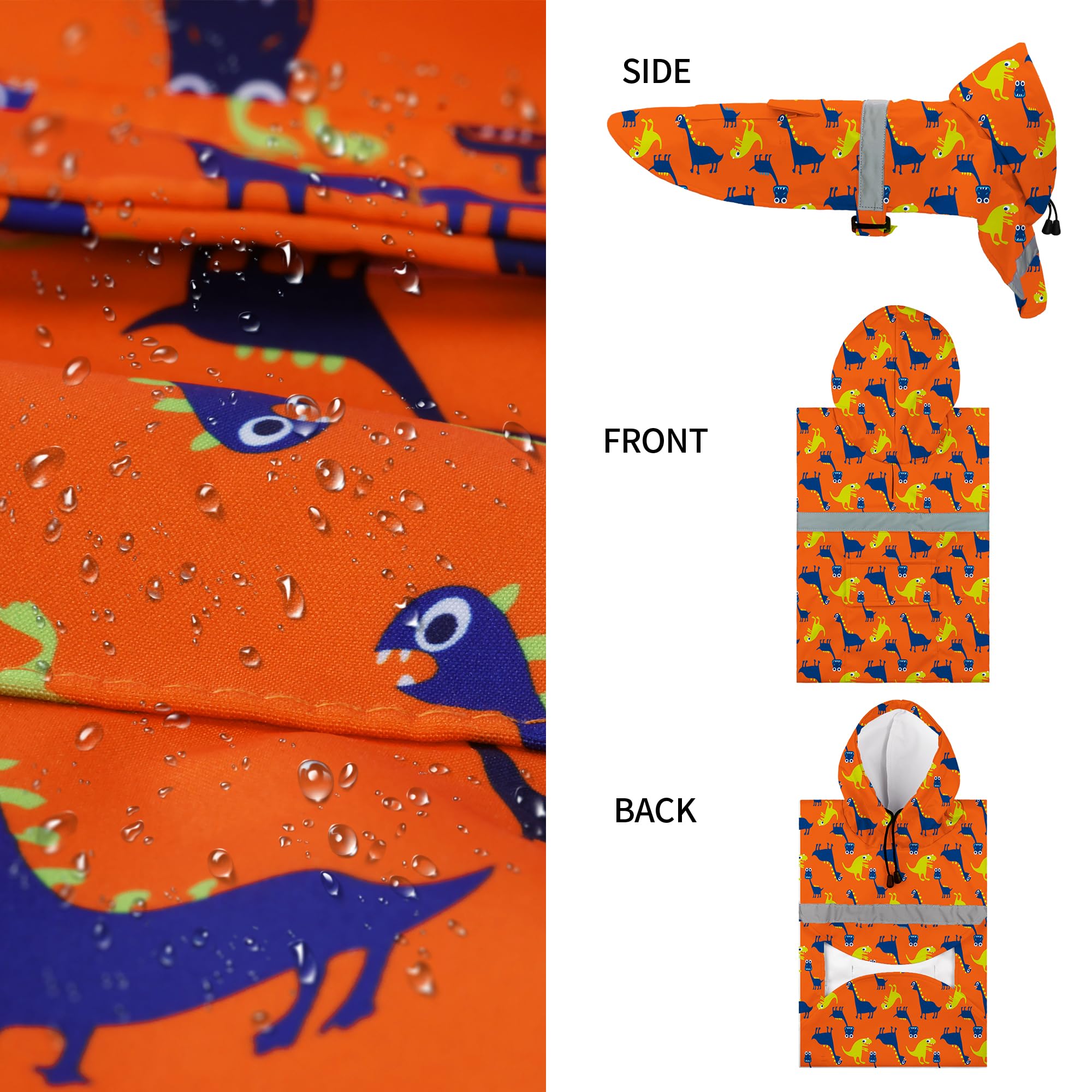 NACOCO dog raincoat blue dinosaur back view shows reflective strip for visibility