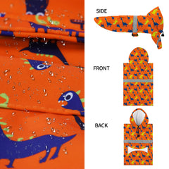 NACOCO dog raincoat blue dinosaur back view shows reflective strip for visibility