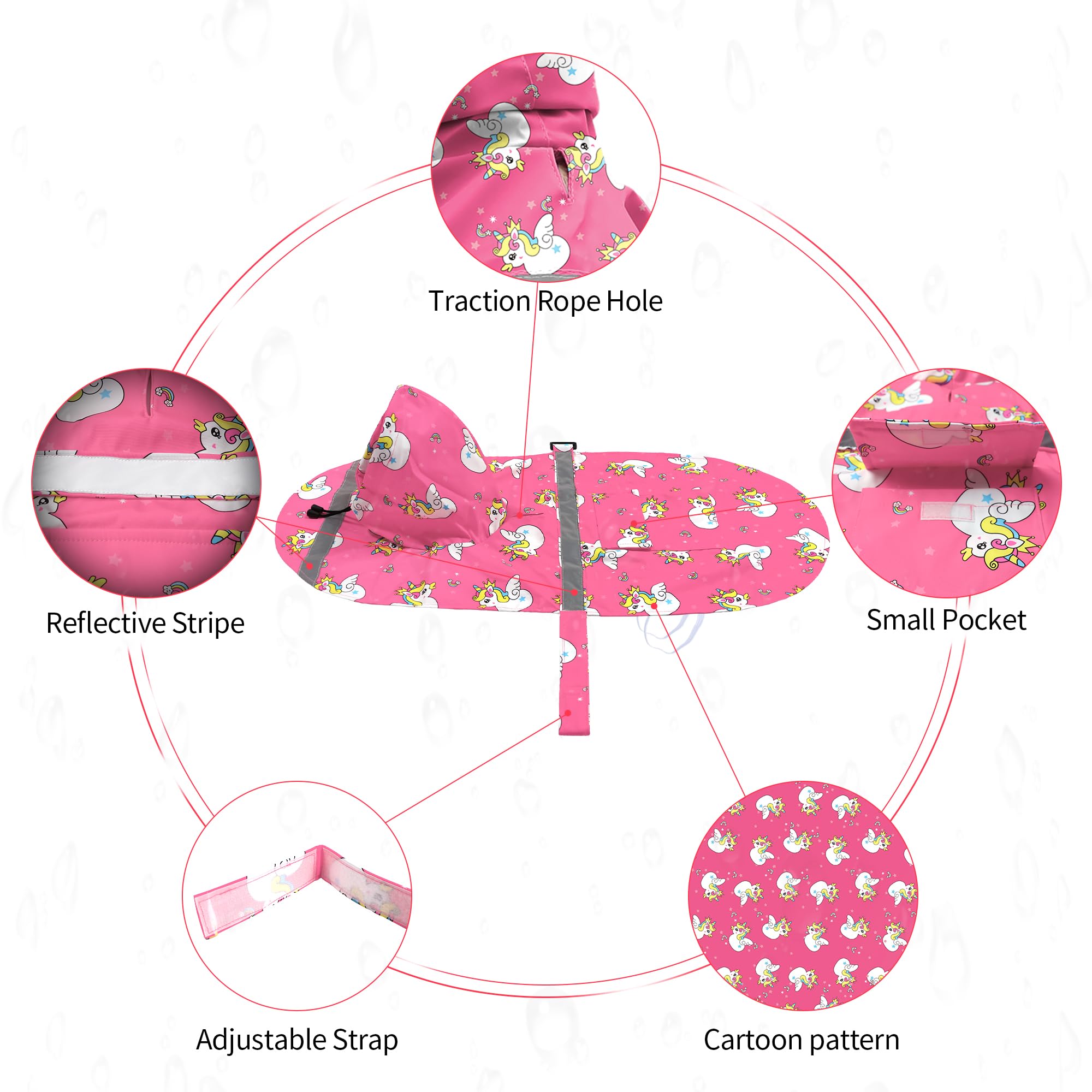 NACOCO dog raincoat with elastic leg straps secures fit during walks.