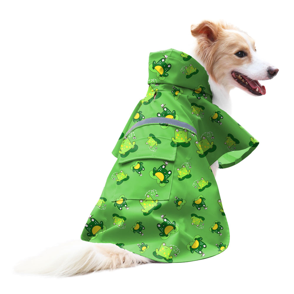 NACOCO dog raincoat green frog back view with reflective visibility aid
