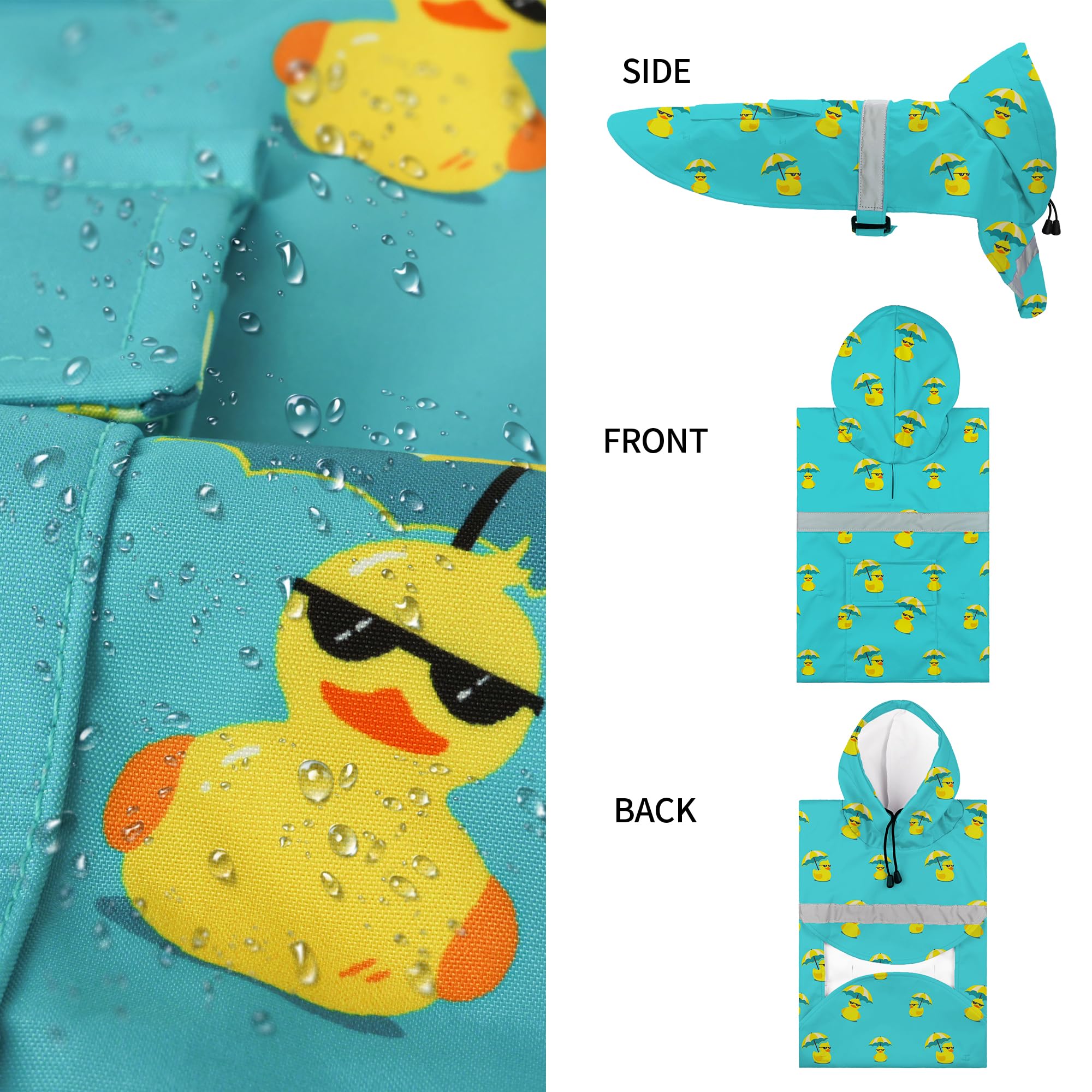 NACOCO dog raincoat hood close-up shows unicorn design for rain protection.