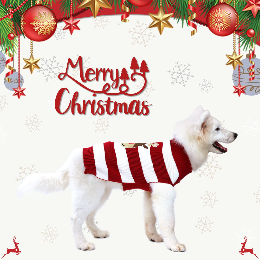 NACOCO dog reindeer sweater red medium material detail shows multicolor reindeer threading and durability.