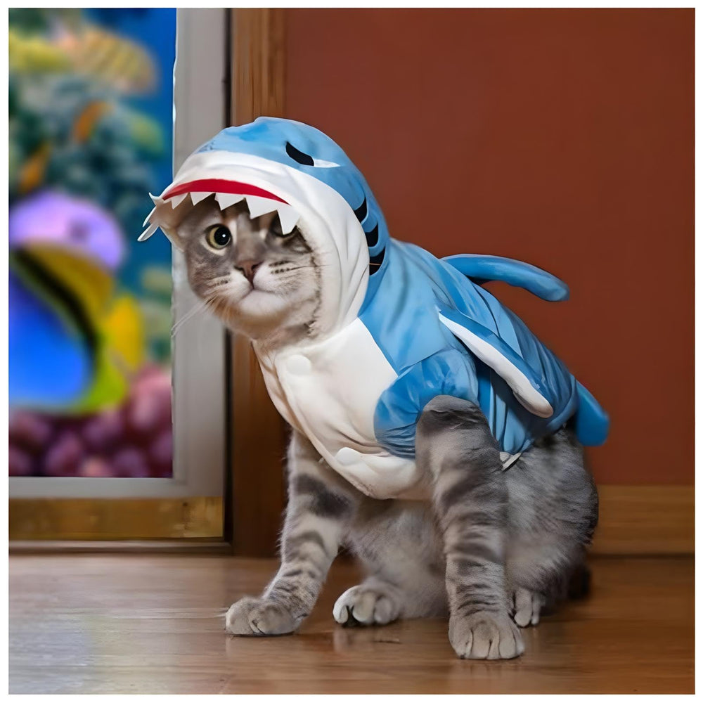 NACOCO dog shark costume blue M on a pup, ideal for Halloween dress-up and photos.