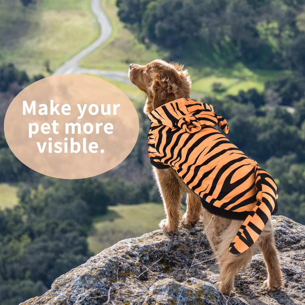 NACOCO dog wearing tiger hoodie demonstrates easy on/off design