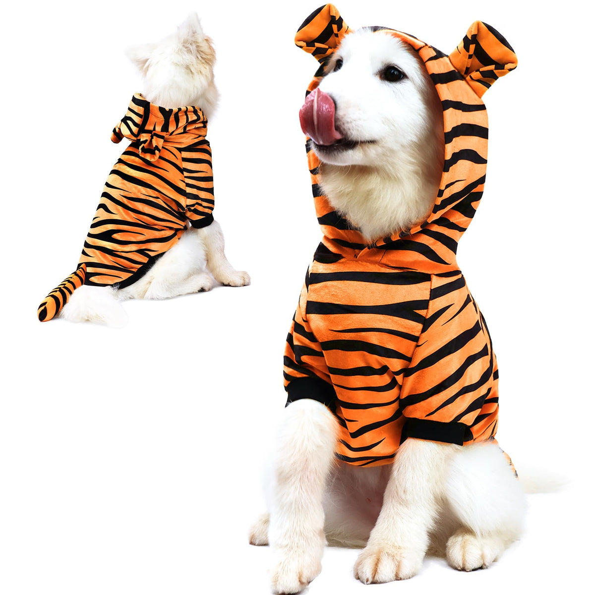 NACOCO Halloween dog tiger costume closeup shows bold orange stripes for playful cosplay