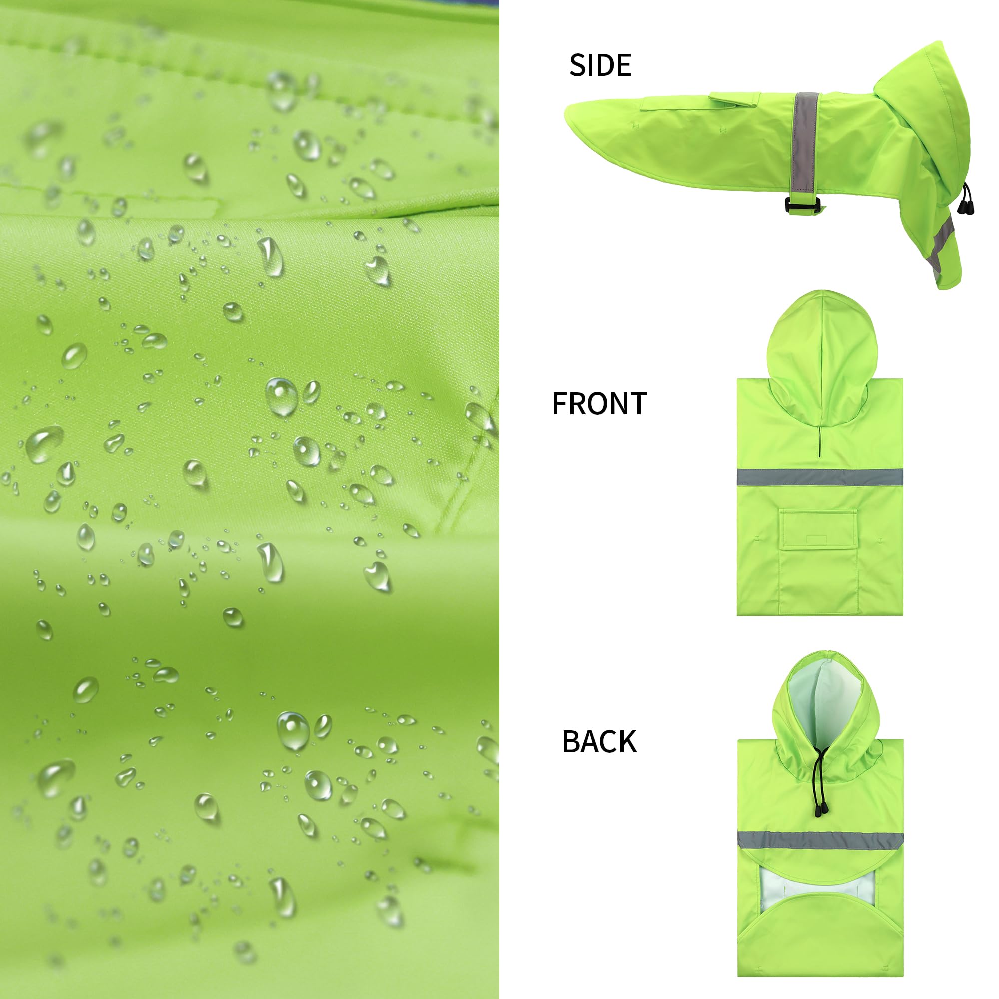 NACOCO large dog raincoat hood up demonstrates waterproof protection in rain.