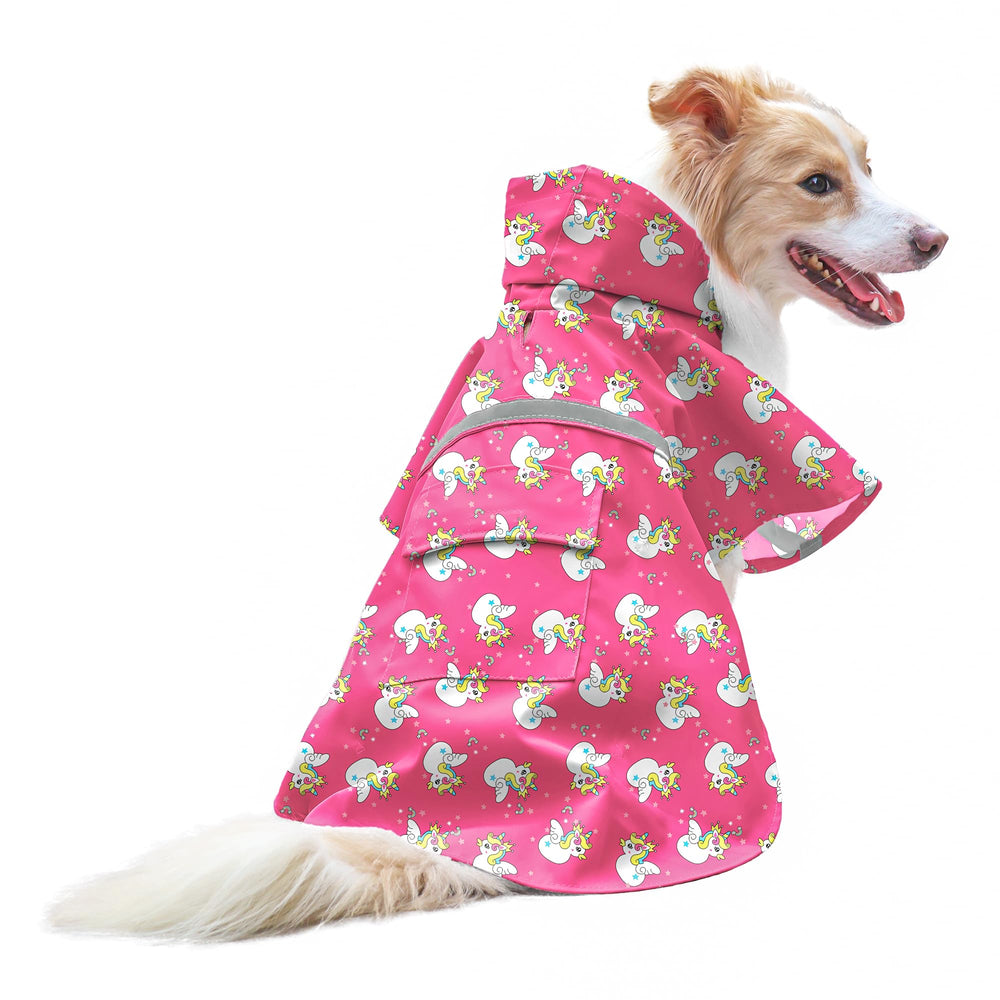 NACOCO large dog raincoat pink unicorn back view with reflective strip for night visibility.