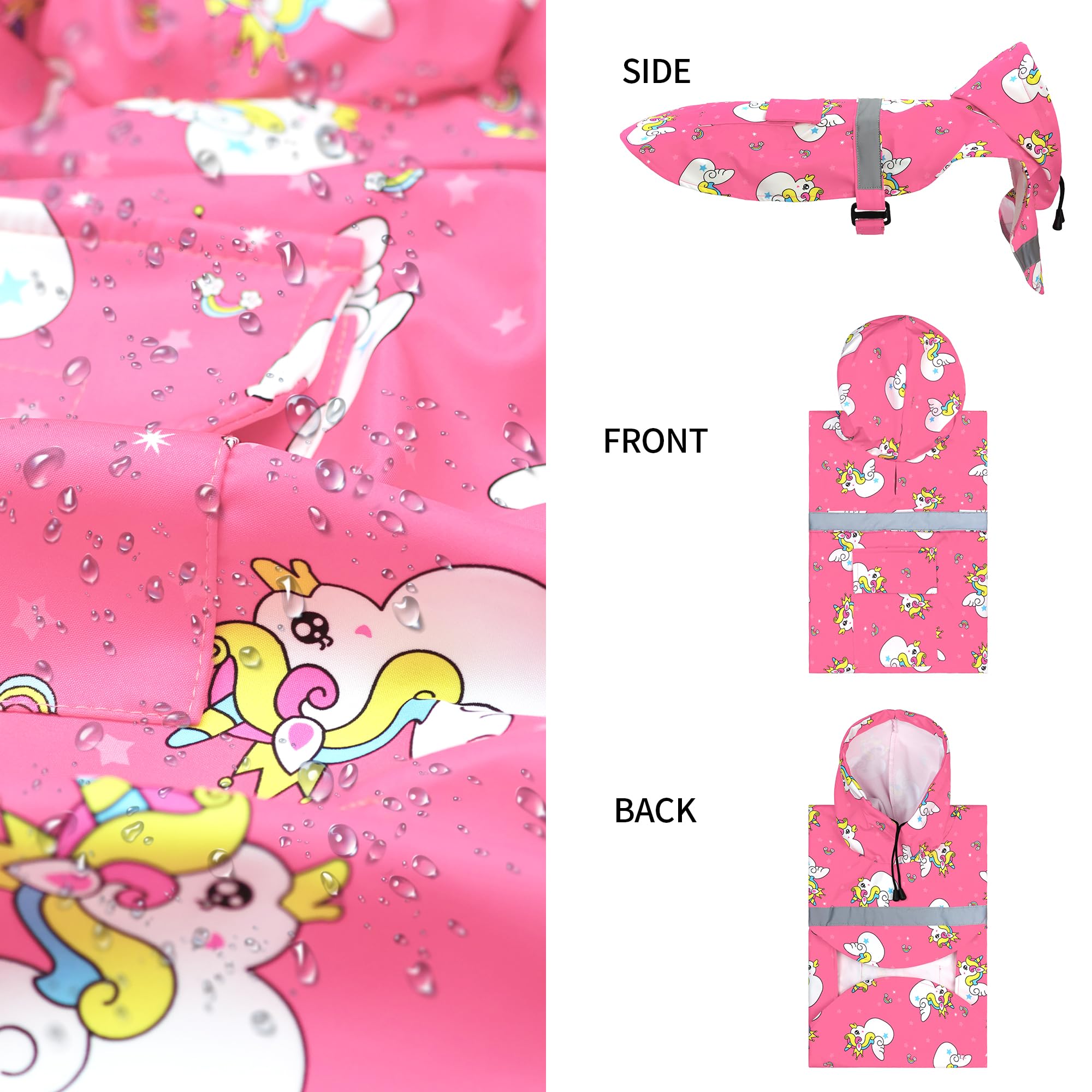 NACOCO large dog raincoat pink unicorn hood close-up highlights breathable fabric.
